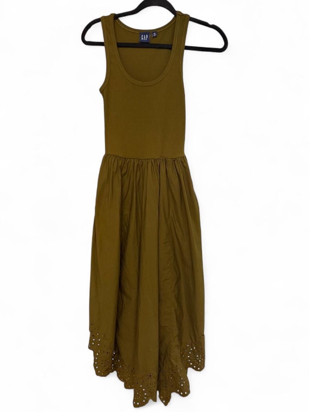 🌿 GAP Olive Green Mixed-Media Eyelet Midi Dress XS